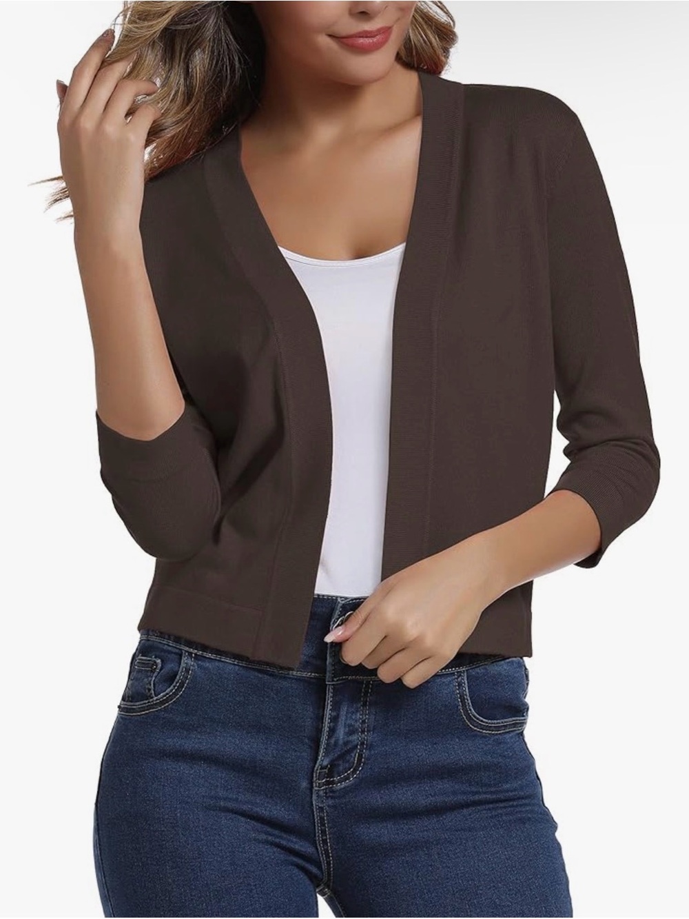 Cropped Open-Front Cardigan Sweater in Dark Brown